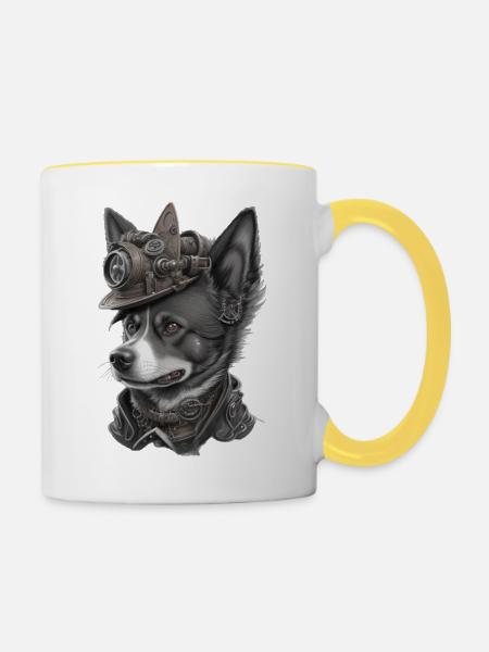 Steampunk Hund - Tasse zweifarbig - Weiß/Gelb