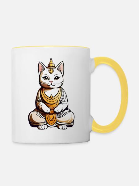 Cute cat in Buddha yoga position - Contrasting Mug - white/yellow