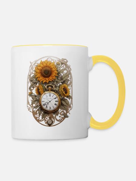 Uhr mit Sonnenblumen - Tasse zweifarbig - Weiß/Gelb