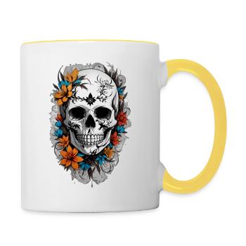 Schädel: Skull with Flowers - Totenkopf mit Blumen - Tasse zweifarbig - Weiß/Gelb - Rechts