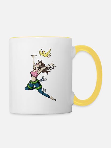 Fliegende Kletterin mit Vogel - Tasse zweifarbig - Weiß/Gelb