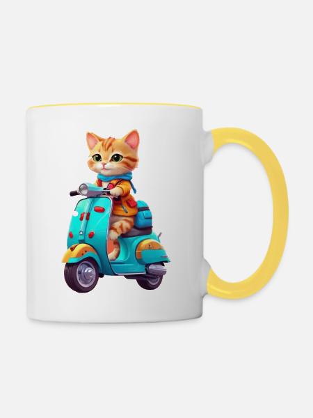 Katze fährt Roller - Tasse zweifarbig - Weiß/Gelb