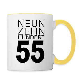 Jahrgang 1955 geboren - Tasse zweifarbig - Weiß/Gelb - Rechts