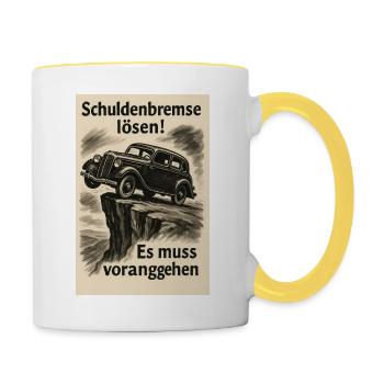 Schuldenbremse lösen – Satire im Wahlplakat-Stil - Tasse zweifarbig - Weiß/Gelb - Rechts