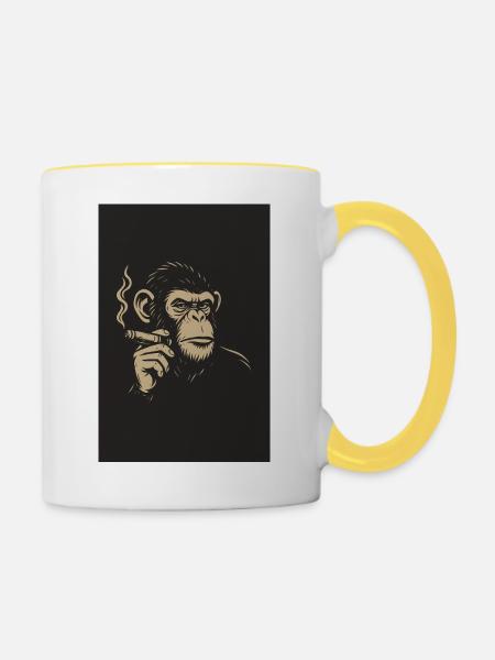 Affe mit Zigare Kunstdruck - Tasse zweifarbig - Weiß/Gelb