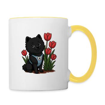 Chien Spitz mignon avec des tulipes - Mug contrasté - blanc/jaune - Droite
