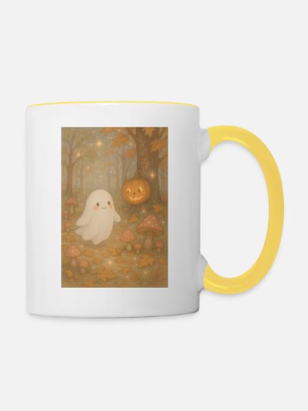 Halloween Herbst Geist im Wald - Tasse zweifarbig - Weiß/Gelb