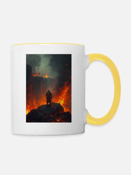 Flammender Ritter am Lavafeld - Tasse zweifarbig - Weiß/Gelb