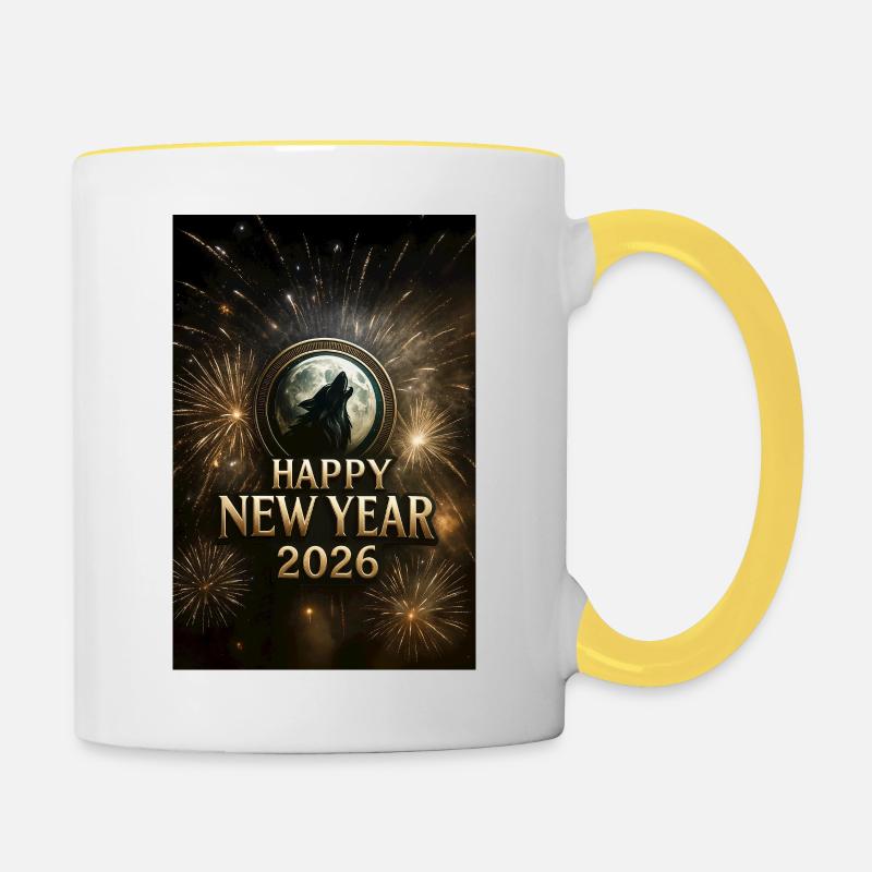 Moon Wolf New Year 2026 - Contrasting Mug - white/yellow
