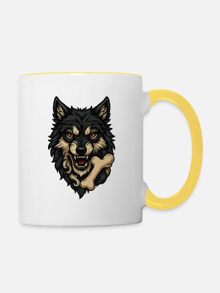 Wolfsangriff: Wolfskopf mit Knochen - Tasse zweifarbig - Weiß/Gelb