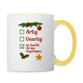 Weihnachten Artig Unartig Im Zweifel - Tasse zweifarbig - Weiß/Gelb - Rechts