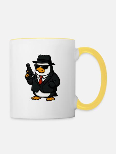 Pinguin-Spion im Smoking - Tasse zweifarbig - Weiß/Gelb