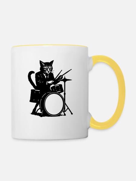 Katzendrummer im Smoking - Tasse zweifarbig - Weiß/Gelb