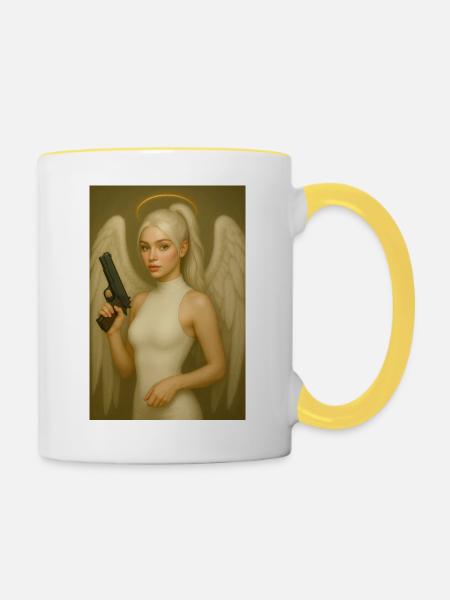 Engel mit Waffe - Tasse zweifarbig - Weiß/Gelb