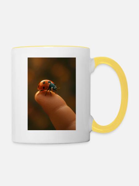 Fingerspitze mit Marienkäfer im Makro - Tasse zweifarbig - Weiß/Gelb