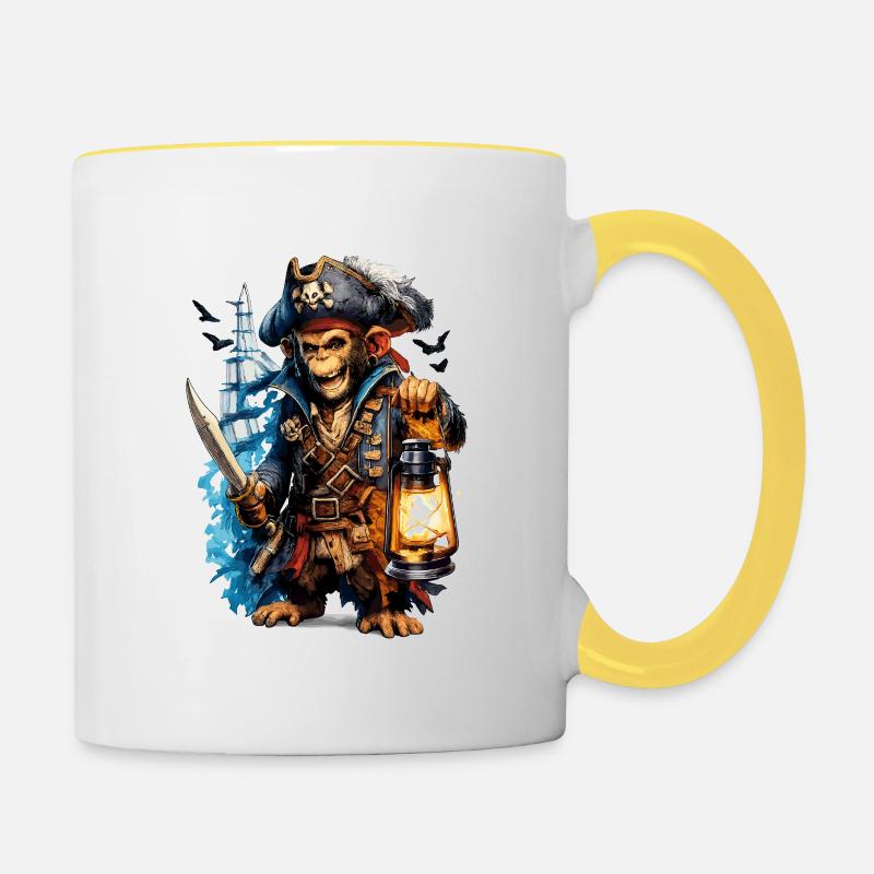 Singe pirate avec lanterne et épée - Mug contrasté - blanc/jaune