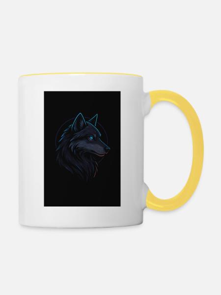 Schwarzer Wolf neonblau - Tasse zweifarbig - Weiß/Gelb