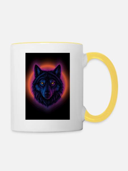 Neon Wolf auf Orange Circle - Tasse zweifarbig - Weiß/Gelb
