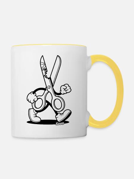 Retro Cartoon: Schere mit Füßen - Tasse zweifarbig - Weiß/Gelb