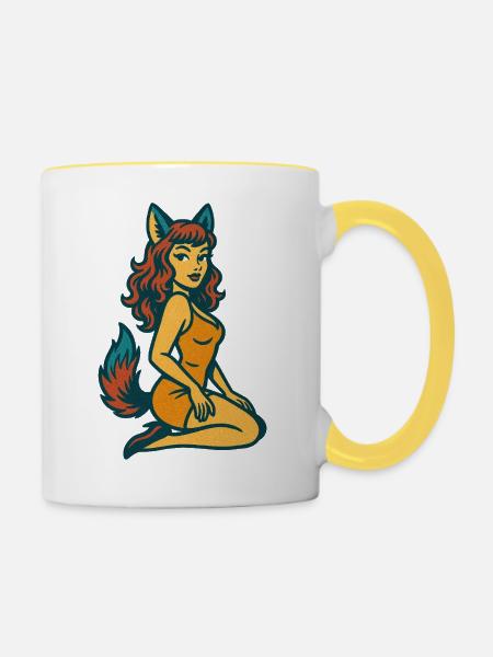 Fuchsgeist-Pinup - Tasse zweifarbig - Weiß/Gelb