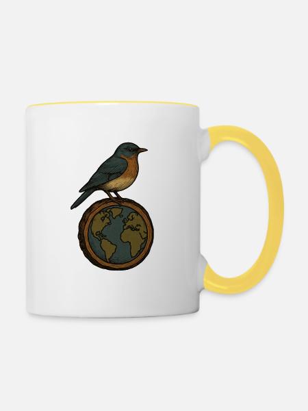 Robin auf World Globe - Tasse zweifarbig - Weiß/Gelb