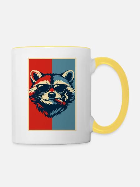 Waschbär-Pop-Art: Sonnenbrillen-Zigarre - Tasse zweifarbig - Weiß/Gelb