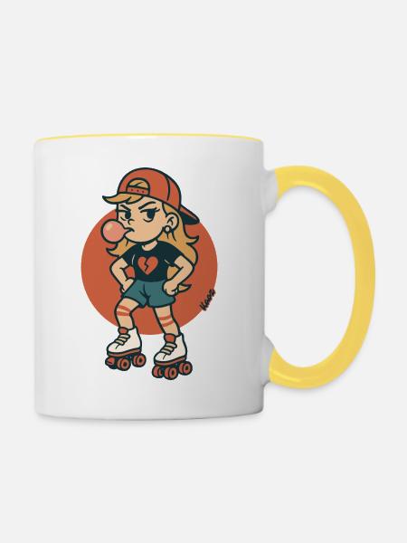 Rollschuh Mädchen mit Kaugummi - Tasse zweifarbig - Weiß/Gelb