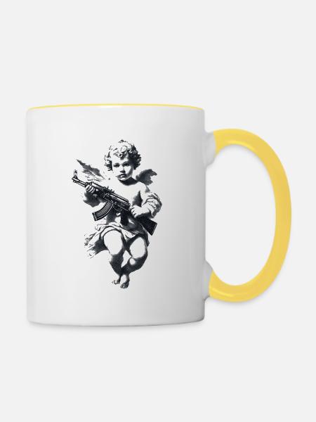 Engel mit Gewehr Silhouette - Tasse zweifarbig - Weiß/Gelb