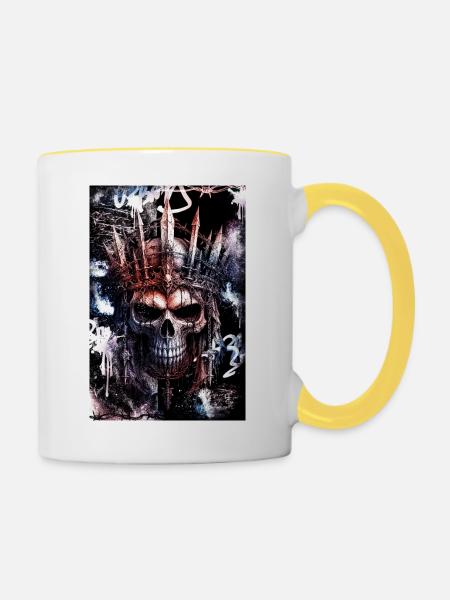 Dunkler gotischer Stadtschädel / Schädel - Tasse zweifarbig - Weiß/Gelb