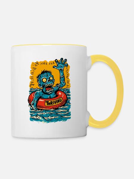 Thriving Zombie im Rettungsring - Tasse zweifarbig - Weiß/Gelb