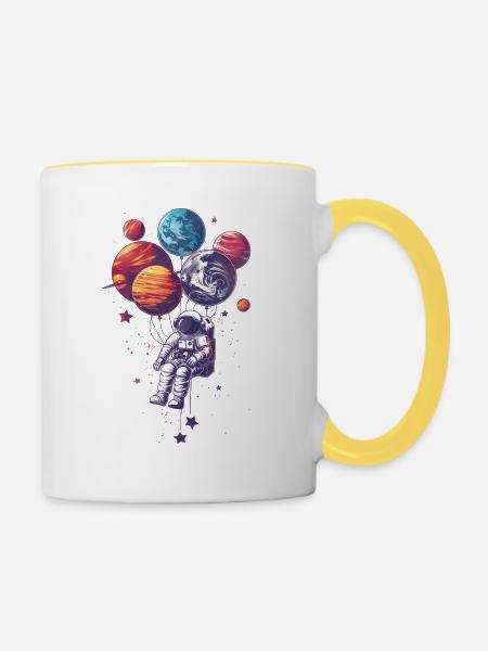 Astronaut mit Planetballons - Tasse zweifarbig - Weiß/Gelb