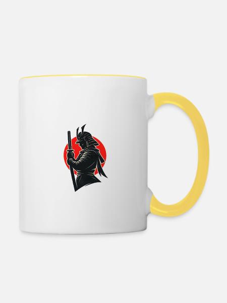 Samurai-Silhouette unter roter Sonne - Tasse zweifarbig - Weiß/Gelb