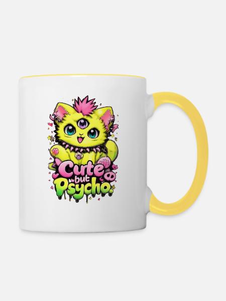 Cute but Psycho Cat - Tasse zweifarbig - Weiß/Gelb