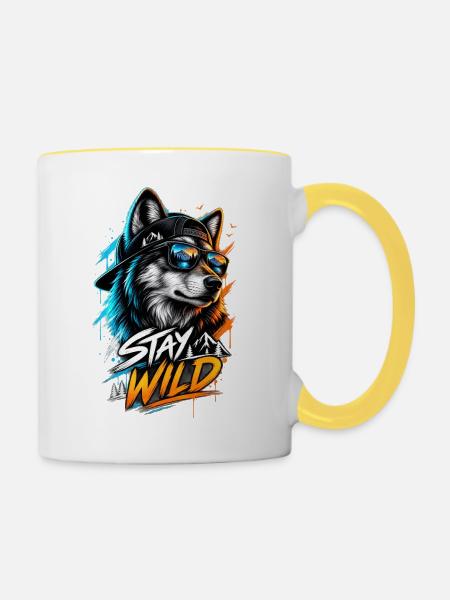 Stay Wild Wolf mit Sonnenbrille - Tasse zweifarbig - Weiß/Gelb