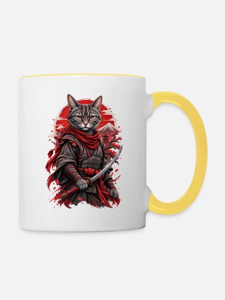 Samurai Katze - Tasse zweifarbig - Weiß/Gelb