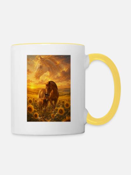 Stute und Fohlen im Sonnenfeld - Tasse zweifarbig - Weiß/Gelb
