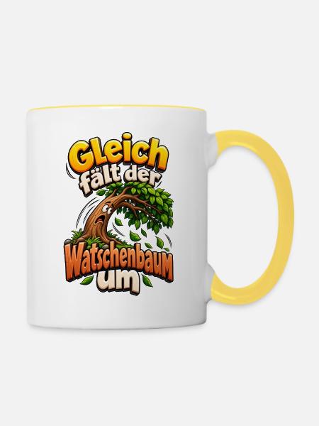 Gleich fällt der Watschenbaum - Tasse zweifarbig - Weiß/Gelb