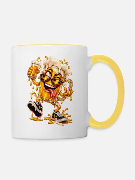 Lustiger Cartoon-Bierkrug mit Palmen - Tasse zweifarbig - Weiß/Gelb