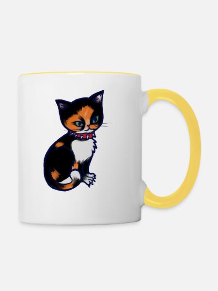 Calico-Katze mit Stachelhalsband - Tasse zweifarbig - Weiß/Gelb