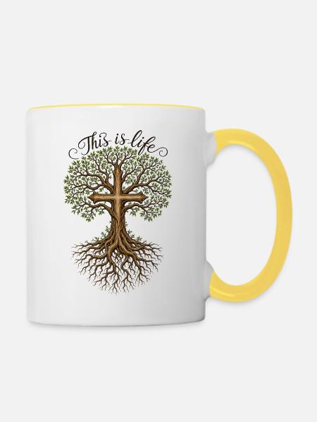 Religion Baum Kreuz Spruch - Tasse zweifarbig - Weiß/Gelb