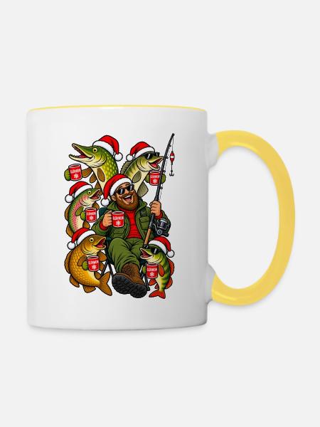Weihnachtsangler mit Glühwein und Fischen - Tasse zweifarbig - Weiß/Gelb