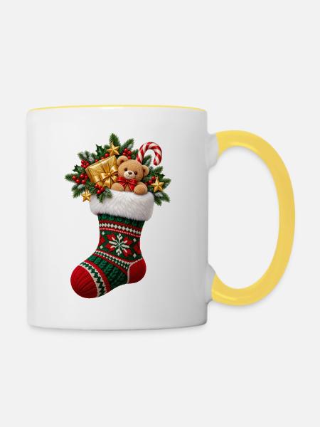 Weihnachtsstrumpf mit Teddy - Tasse zweifarbig - Weiß/Gelb