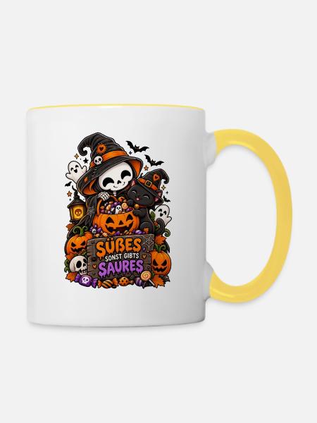 Süßes oder Saures Halloween Katze - Tasse zweifarbig - Weiß/Gelb