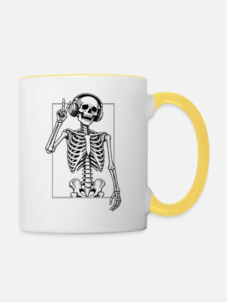 Skelett mit Kopfhörern - Tasse zweifarbig - Weiß/Gelb