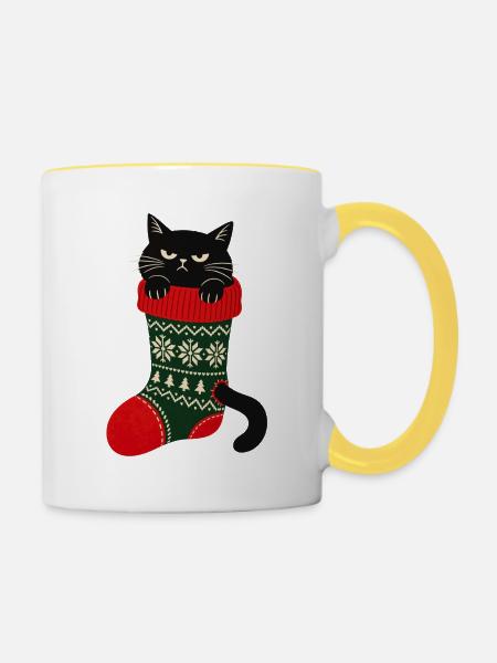 Weihnachtsmuffel Weihnachtskatze Schwarze Katze - Tasse zweifarbig - Weiß/Gelb
