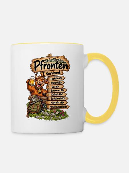 Pfronten Überlebt: Alpenhumor - Tasse zweifarbig - Weiß/Gelb