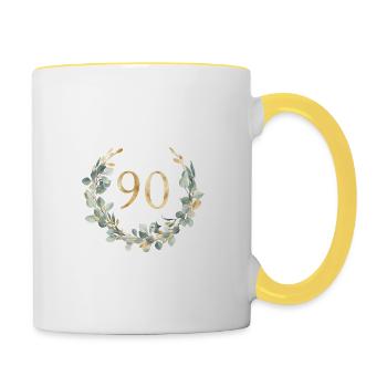 Zahl 90, Eukalyptus Kranz, personalisierbar - Tasse zweifarbig - Weiß/Gelb - Rechts