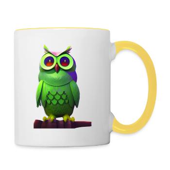 Hibou vert sur une branche - Mug contrasté - blanc/jaune - Droite