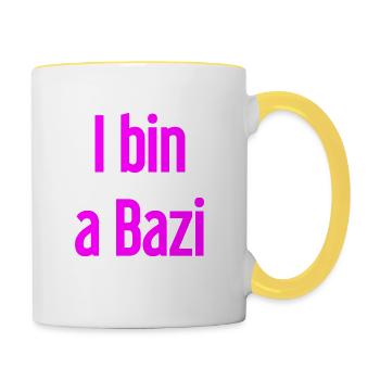 I bin a Bazi – Bayerischer Spruch mit Humor - Tasse zweifarbig - Weiß/Gelb - Rechts