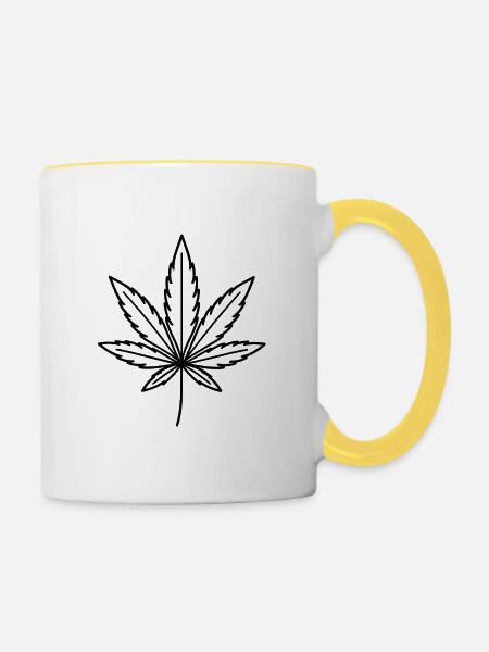 Linienkunst Cannabisblatt - Tasse zweifarbig - Weiß/Gelb